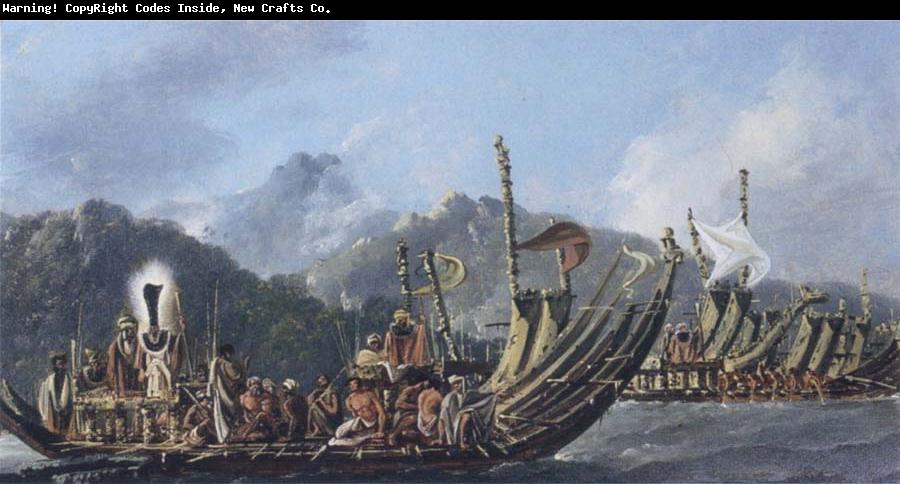 William Hodges Review of the War Galleys at Tahiti